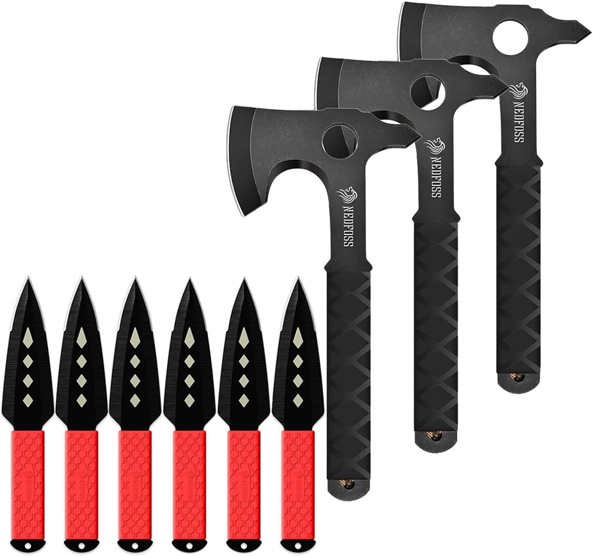 NedFoss Kunai Throwing Knives with Throwing Axe Set, Thick and Strong Full Tang One Piece Design, Inovative TPR Rubber Wrapped Handle