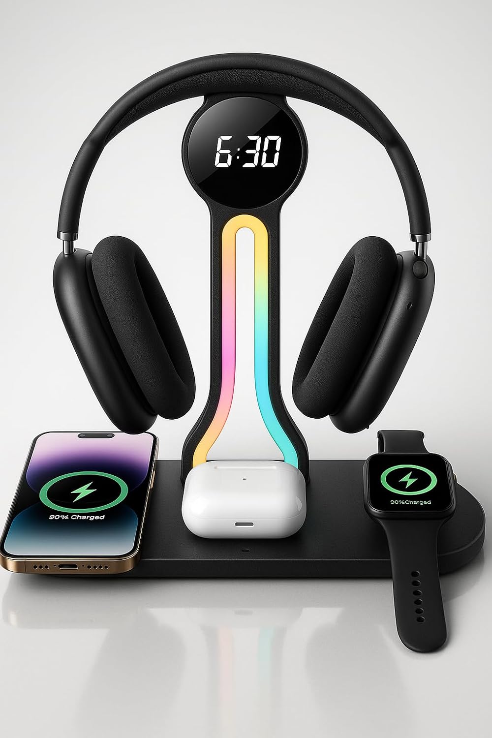 Transform Your Desk – 3-in-1 Wireless Charging Station with Headphone Stand, Dual USB Ports, 15W Fast Charger for Phone/A-irPods/A-pple Watch, RGB Light, LED Alarm Clock – Charge 5 Devices at Once