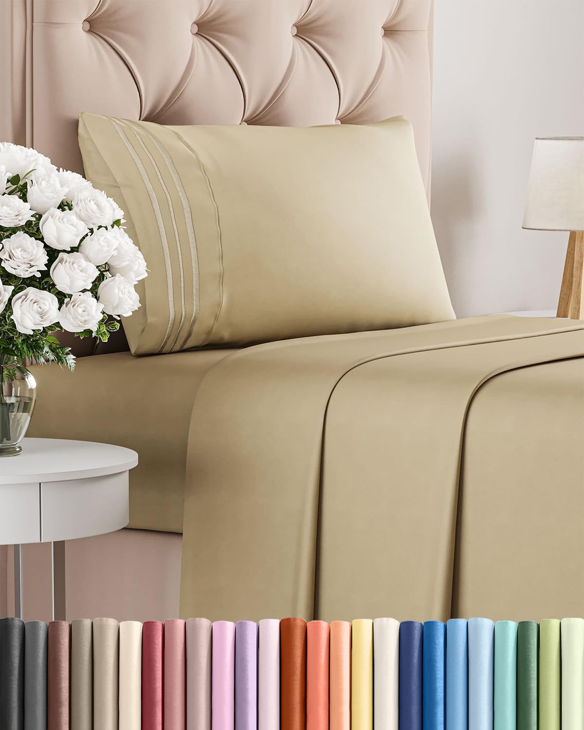 twin size 3 piece sheet set - comfy breathable & cooling sheets - hotel luxury bed sheets for women & men - deep pockets, easy-fit, extra soft & wrinkle free sheets - beige oeko-tex bed sheet set