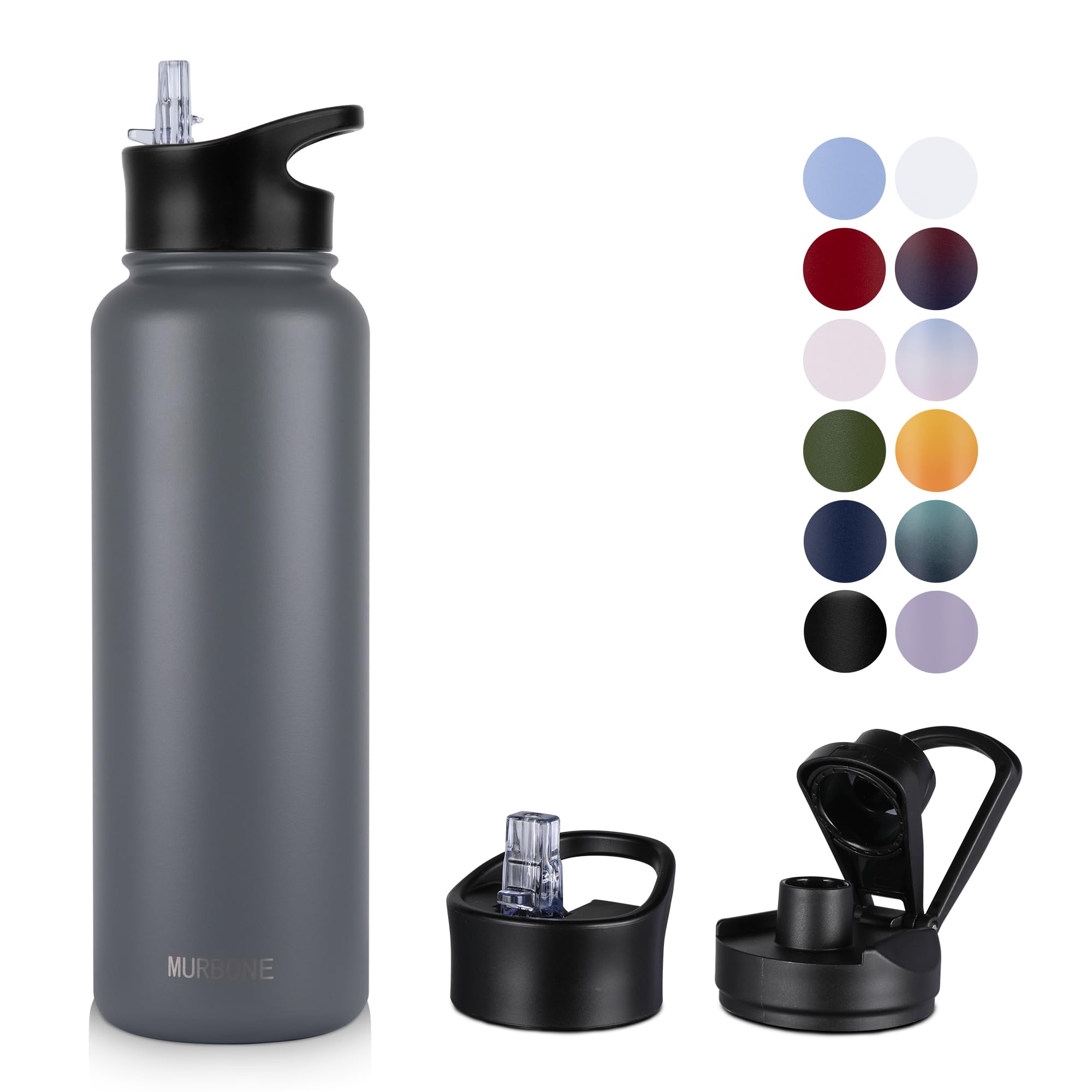 MURBONE Insulated Water Bottle, 1.2L Stainless Steel Drink Flask with Straw, BPA Free, 2 Lids (Straw Lid and Spout Lid), Leakproof Double Walled Vacuum Water Bottle, Grey