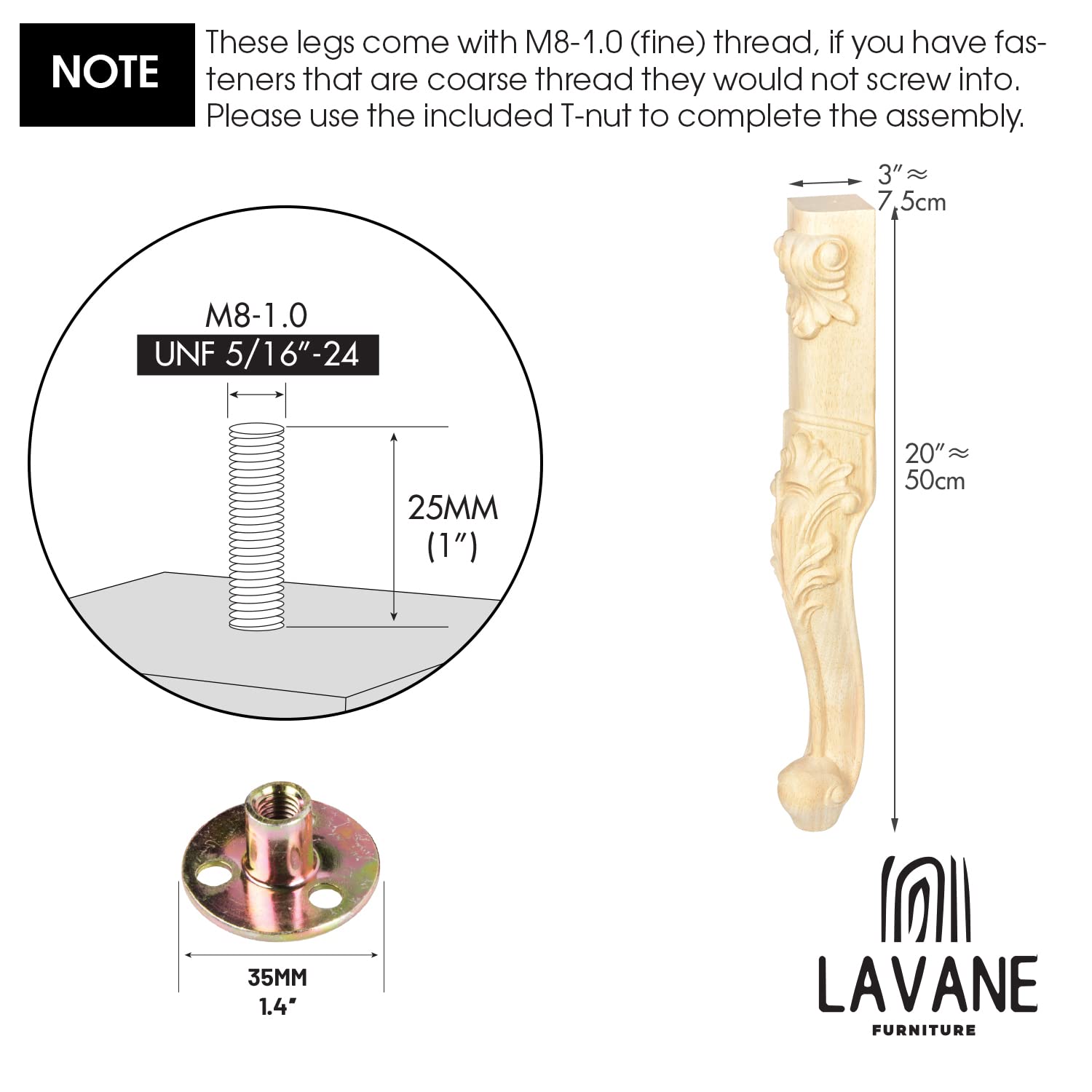 La Vane 20 inch / 50cm Wooden Furniture Legs - Image 4