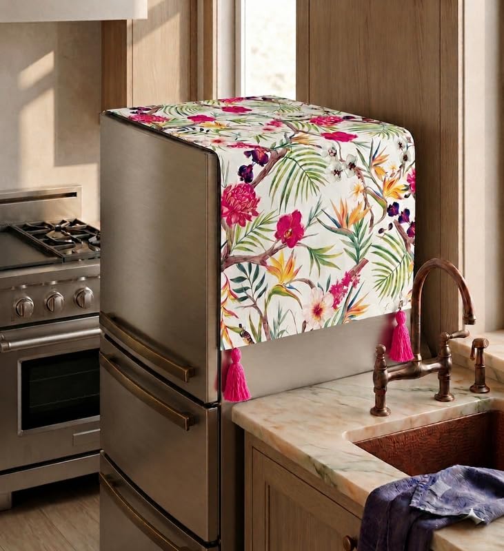 Image of WWW.THROWPILLOW.IN Fridge Top Cover for Triple Door 100-250L | Dustproof Refrigerator Cover with Corner Tassels | No Pockets | Floral Print | Fridge Cover Mat for Triple Door Fridge