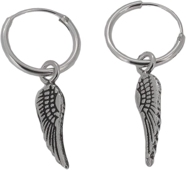 Touch Jewellery 925 Sterling Silver 12mm Hoop Earrings with Dangling Angel Wing Charm