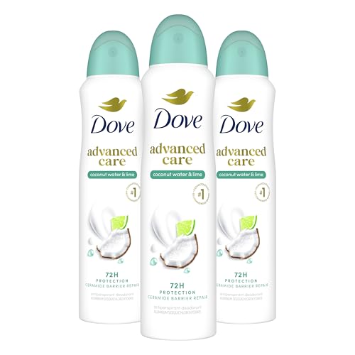 Dove Antiperspirant Deodorant Dry Spray Coconut Water & Lime scent 3ct skin repair after shaving with odor control & sweat protection Pro Ceramide Technology to boost ceramide levels in skin 3.8 oz