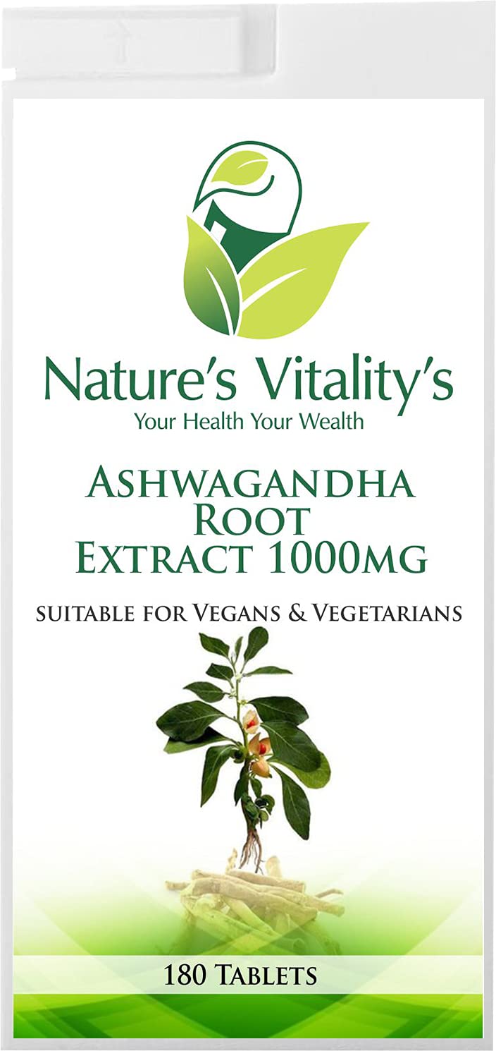 Nature`s Vitality`sAshwagandha Root Extract 1000mg Suitable for Vegans & Vegetarians 180 Tablets 6 Months Supply