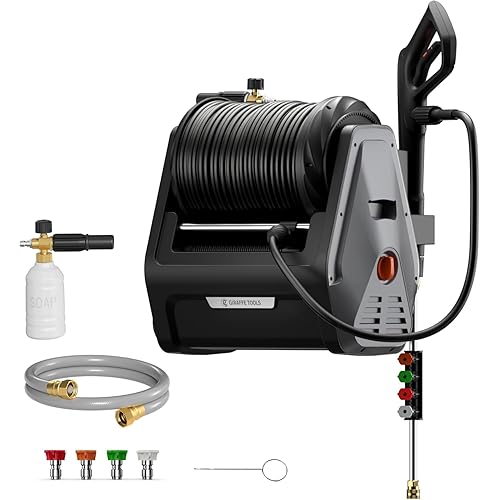 Giraffe Tools Grandfalls Pressure Washer G30B, Max 2900 PSI, 2.2 GPM, Electric Wall Mounted Pressure Washer with 100ft Black Pressure Hoses, Foam Cannon, 4-Nozzles for Car/Driveways, Dark Silver