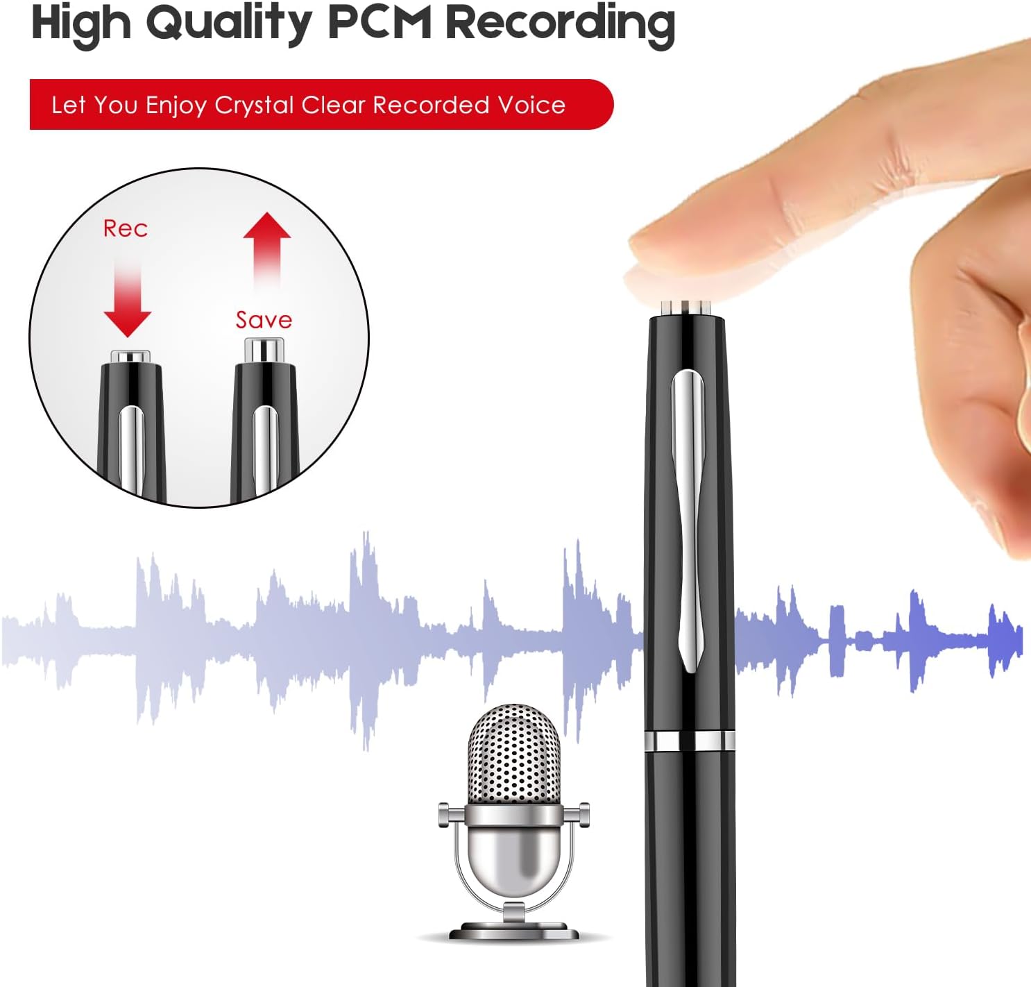 Close-up of the EVIDA voice recorder pen tip showing 'Rec' and 'Save' positions.