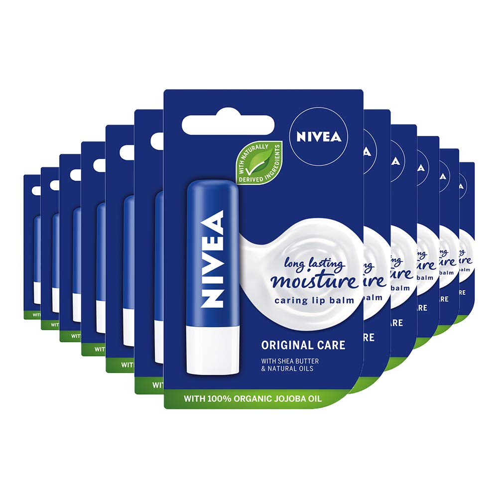 NIVEA,Balsamo labbra originale per la cura delle labbra, balsamo per le labbra per la cura dell'umidità 24 ore, cura delle labbra con formula Melt-In
