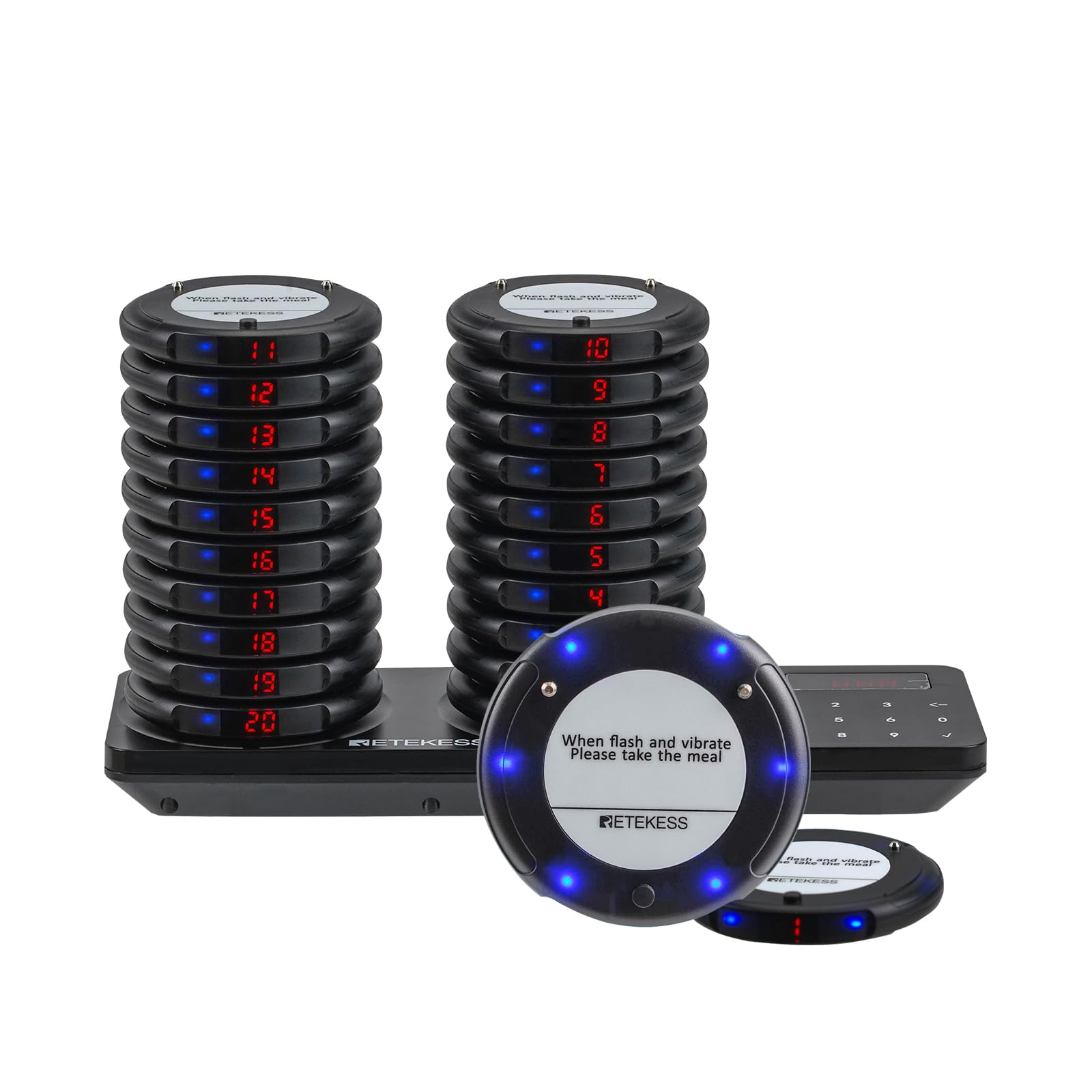 Retekess TD157 Oproepsysteem Restaurant, 26 Semafoonsysteem, 500M, 24 Uur Standby-tijd, 2 Oproepmodi, Pager Systeem voor Restaurants, Food Courts, Cafés Retekess TD157 Oproepsysteem Restaurant, 26 Semafoonsysteem, 500M, 24 Uur Standby-tijd, 2 Oproepmodi, Pager Systeem voor Restaurants, Food Courts, Cafés