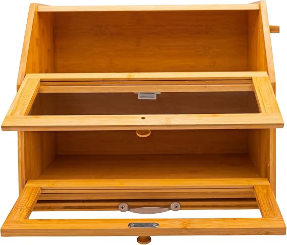 Large Bamboo Bread Bin Loaf 2 Compartment Storage Rack Box With Easy Slide-Out Chopping Board