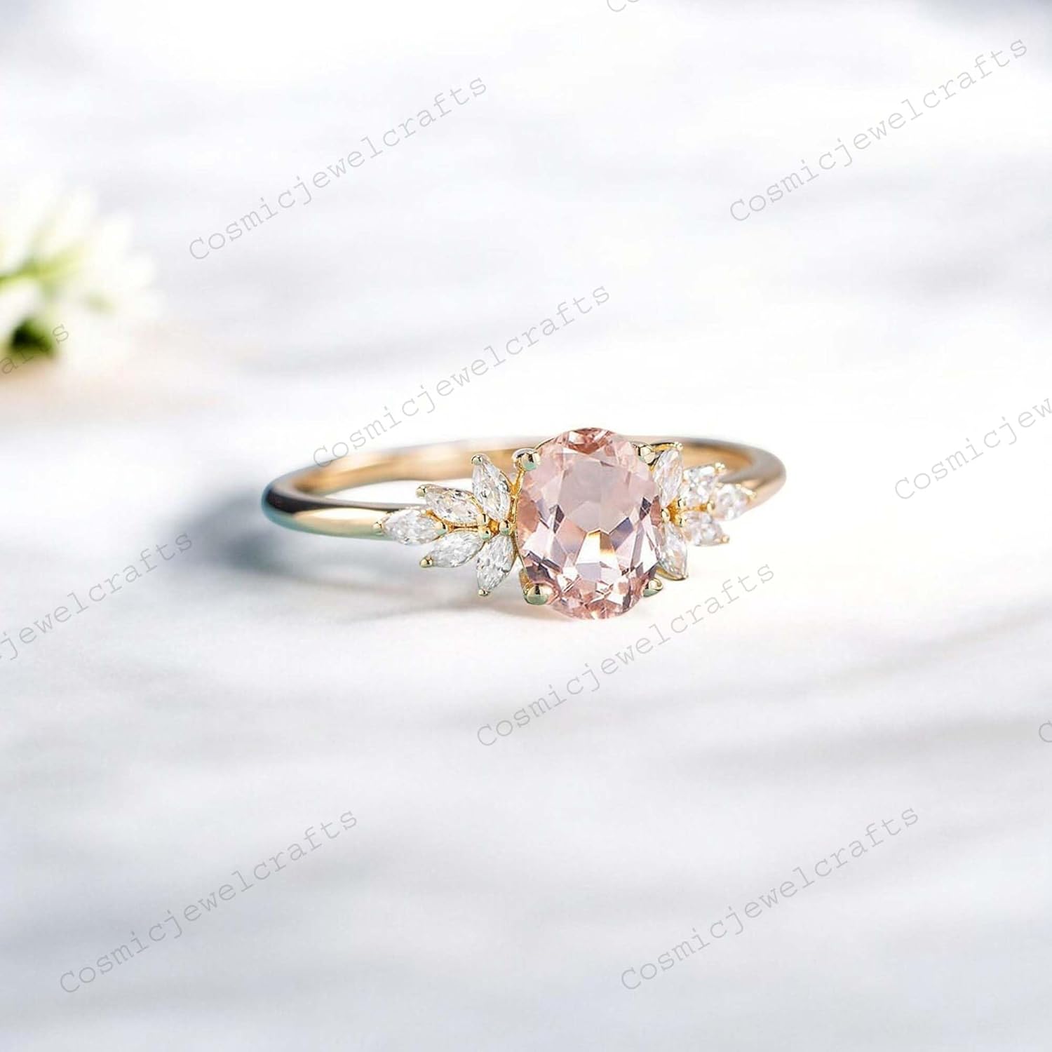 8X6MM Oval Shape Vintage Sapphire Women Diamond Cluster Statement Jewelry 14K Yellow Gold Art Deco Pink Gemstone Promise Ring September Birthstone Birthday Gift Ring