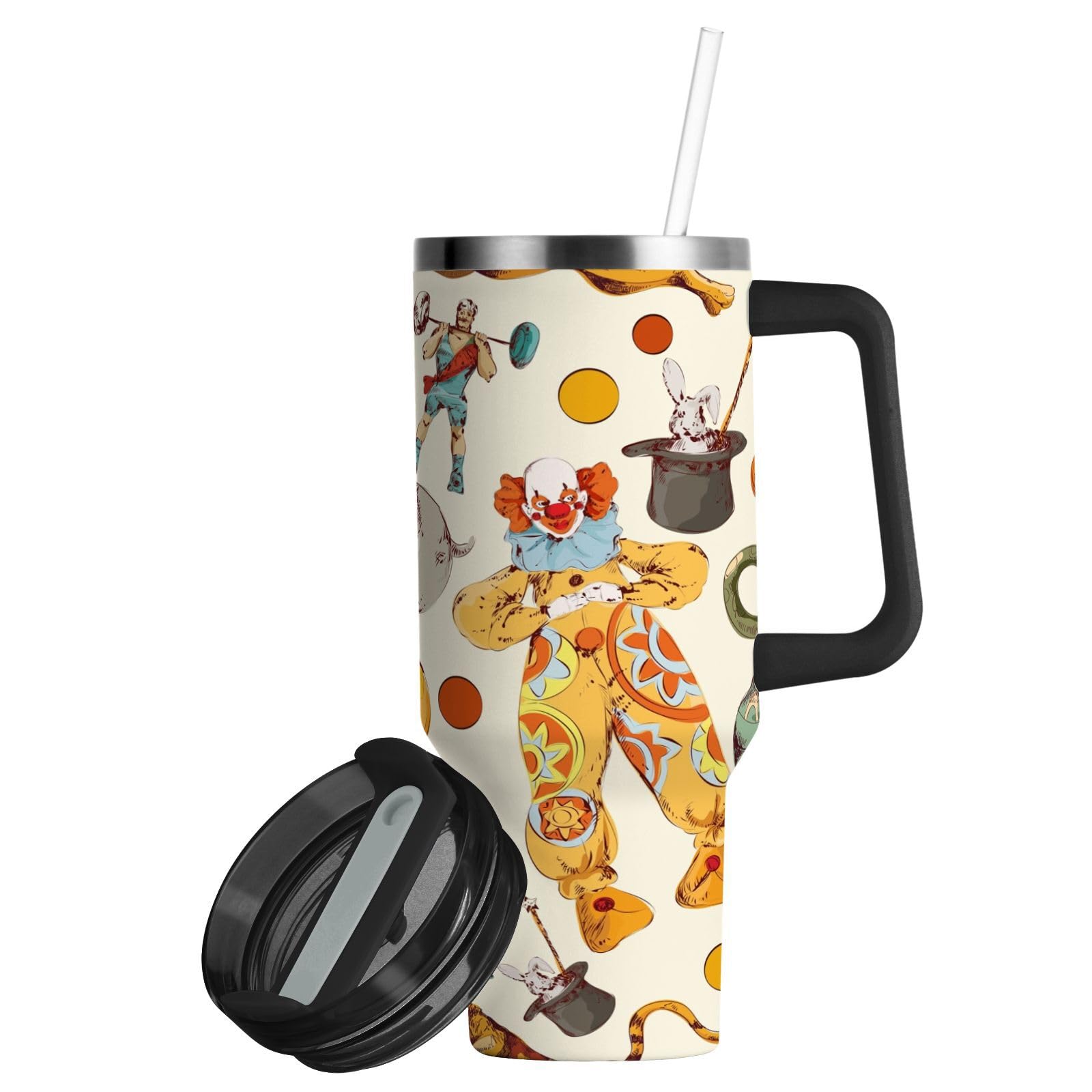 Isolierter Trinkbecher Vintage Zirkus Clown doppelwandig Edelstahl Wasserflasche Kaffeetasse Reisebecher mit Griff Strohhalm Deckel
