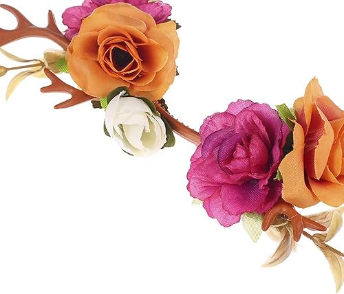 Miniatura 5 de Wiwpar Diadema con cuernos para el cabello, aro de corona de flores, diadema floral, diadema para festivales de Navidad, lindos ciervos, accesorios
