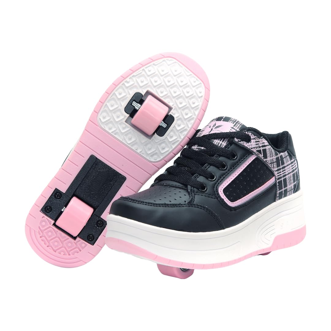Ragazzi Ragazze Scarpe da Skateboard con 2 Ruote Automatiche, Pattini a rotelle per Bambini con Doppie Ruote, Scarpe da Fitness per Esterno Sneakers, Nero-Rosa, Nero-Bianco, 31-39 EU