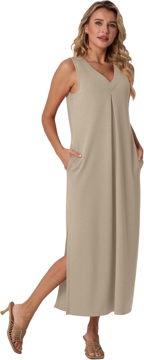 GRECERELLE 2026 Women Summer V-Neck Casual Loose Split Wrinkle-Free Long Maxi Vacation Dress with Pockets (XS-3XL) - Image 3