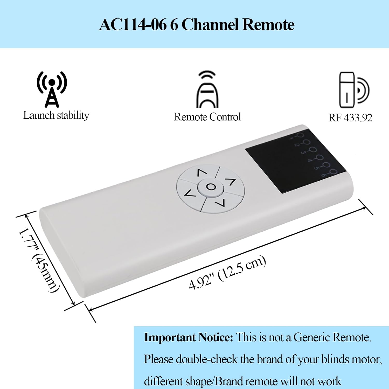 AC114-06 Remote Control (RF 433.92MHz) 6 Channel Wireless Blinds Controller for Motorized Roller Shades and Blinds