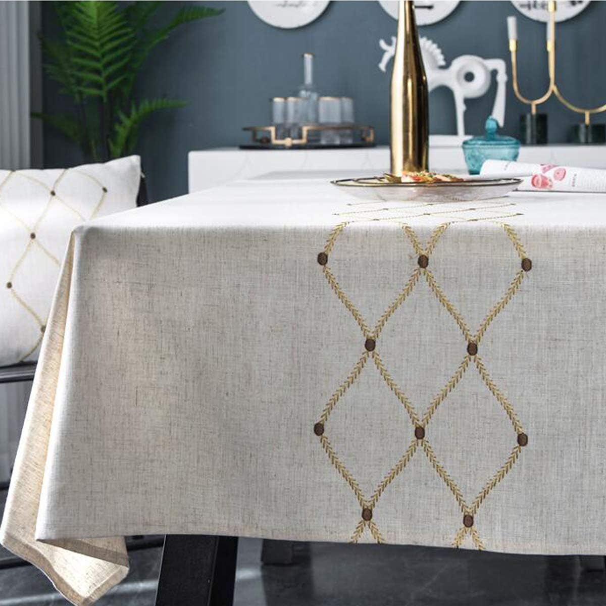 Exсluѕіvе Dіѕсоunt 70% Prісе Bringsine Embroidery Geometric Diamond Tablecloth Heavy Weight Cotton Linen Fabric Dust-Proof Water-Proof Table Cloth Cover for Kitchen Dinning Tabletop Decoration (Rectangle/Oblong, 53 x 70 Inch)