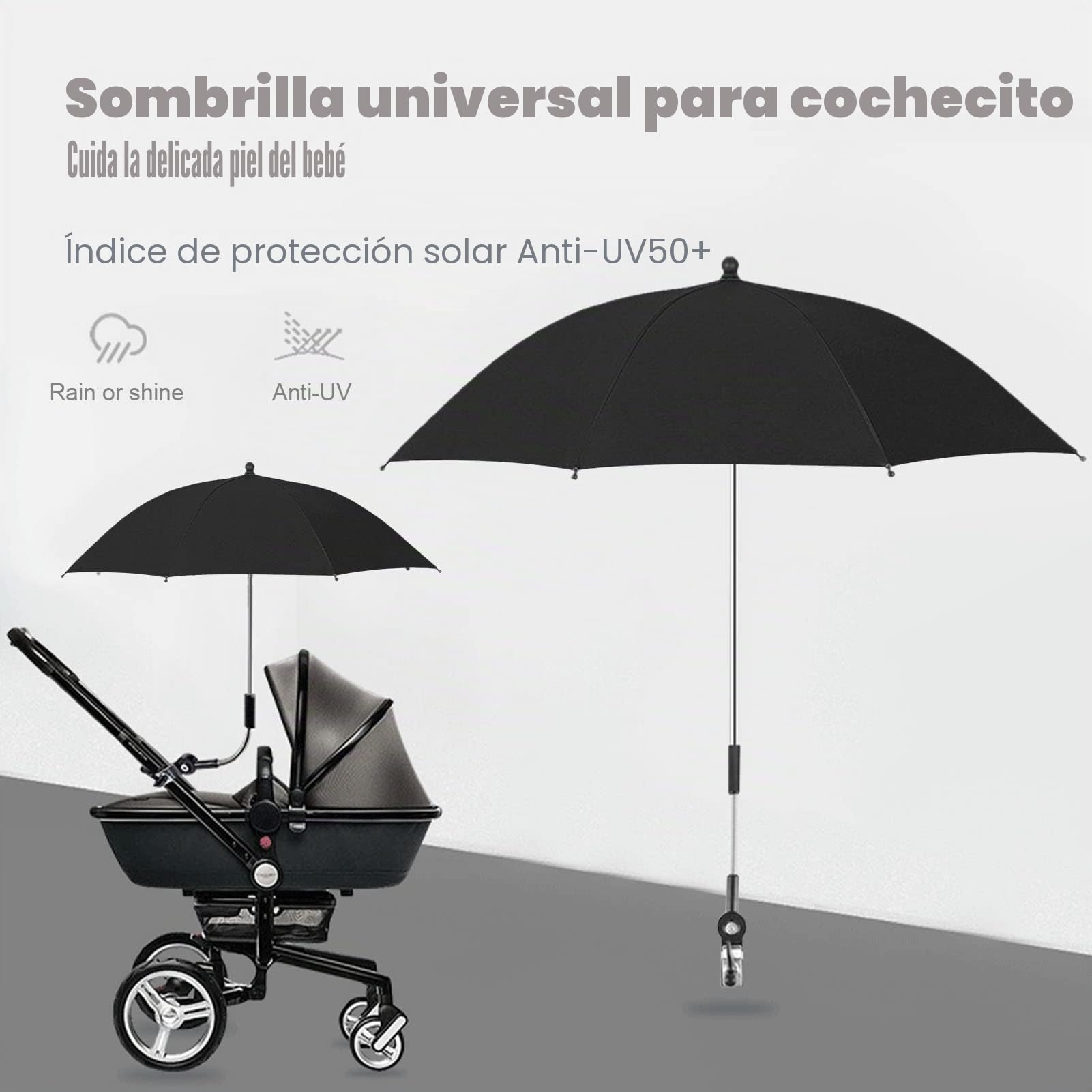 Sombrilla Cochecito Bebe Universal - Sombrilla Universal Para Carrito Bebe Y Paseo Protección Uv 50+, Parasol Carro Bebe Universal Con Clip Ajustable Rotación 360 °- Diámetro 85 Cm