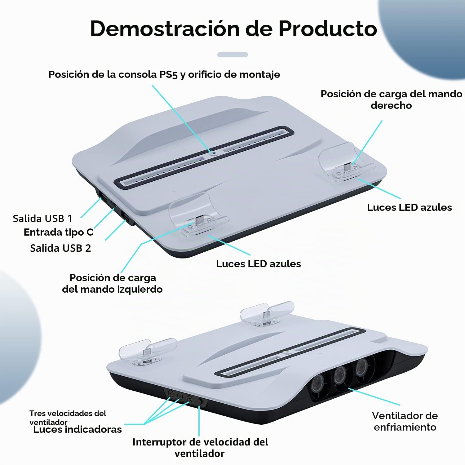 Mcbazel - Estación de Carga Vertical para Consola PS5, Soporte Multifuncional con luz Azul y LED, Carga rápida para mandos de Juego para Consola PS5 - Blanco (no para PS5 Slim)