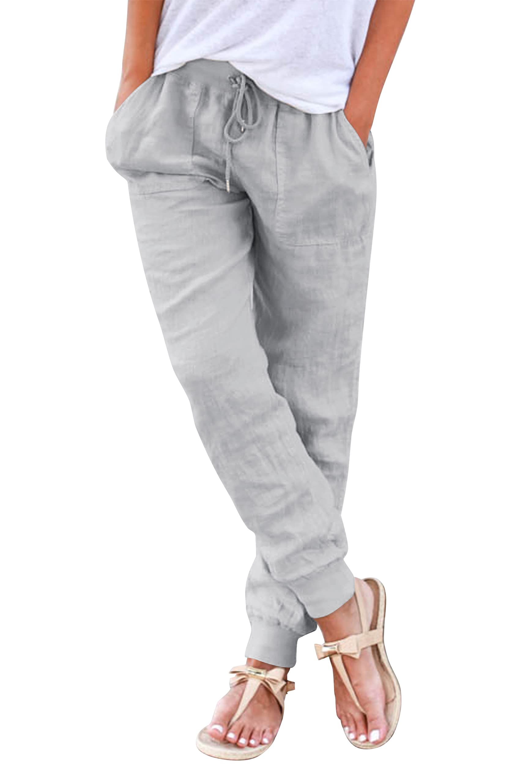 Hose Damen Sommer Casual Baumwolle Leinen Stoffhose Einfarbig Freizeithose Stretch Leicht Leinenhose Straight Leg Hose und Taschen