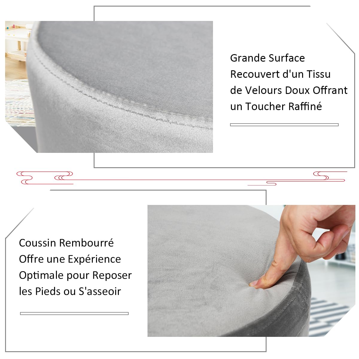 GIANTEX Tabouret Coiffeuse en Velours, Chaise Coiffeuse Chambre avec Pieds Dorés en Métal, Pouf Ottoman Rond, Repose-Pieds, Tabouret Velours pour Chambre, Salon, Vestiaire (Gris)