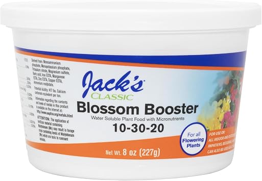 Jacks Classic 10-30-20 Blossom Booster Water-Soluble Fertilizer with Micronutrients for Increasing Color and Quantity of Blooms in Flowering Plants, 8oz