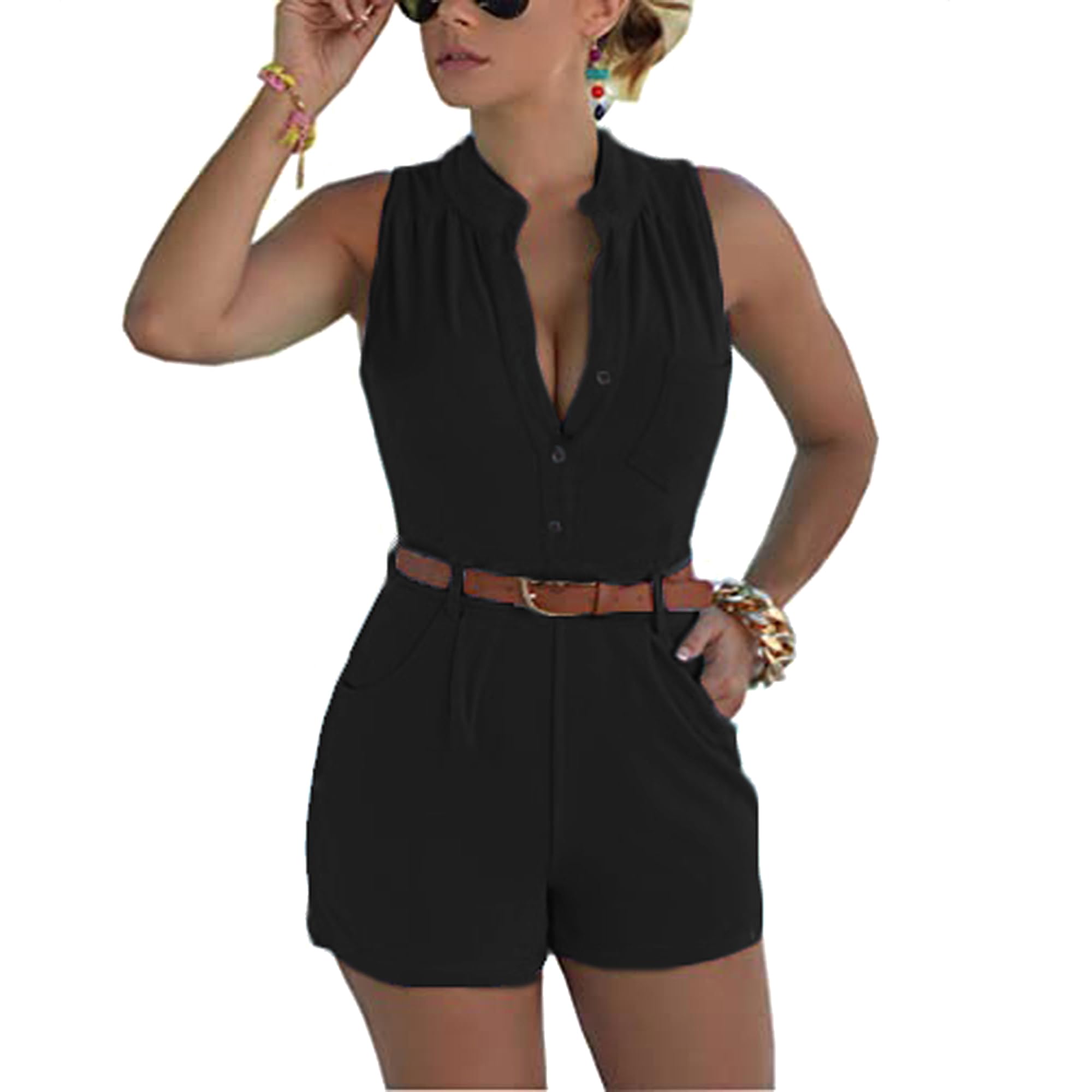 Fudaolee Mujer Monos Mujer Casual Summer Romper V Cuello Manga Corta Playa elástica Pantalones Cortos de Moda Traje Cinturón a Juego S-XXL