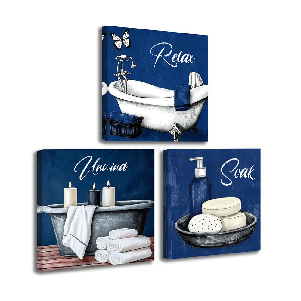 ZXHYWYM Marineblaues 3 teiliges Wandbilder Set fürs Badezimmer: Entspannende Leinwandbilder für Badewanne Spa Bad WC und Zuhause (gerahmt) 60x60cmx3