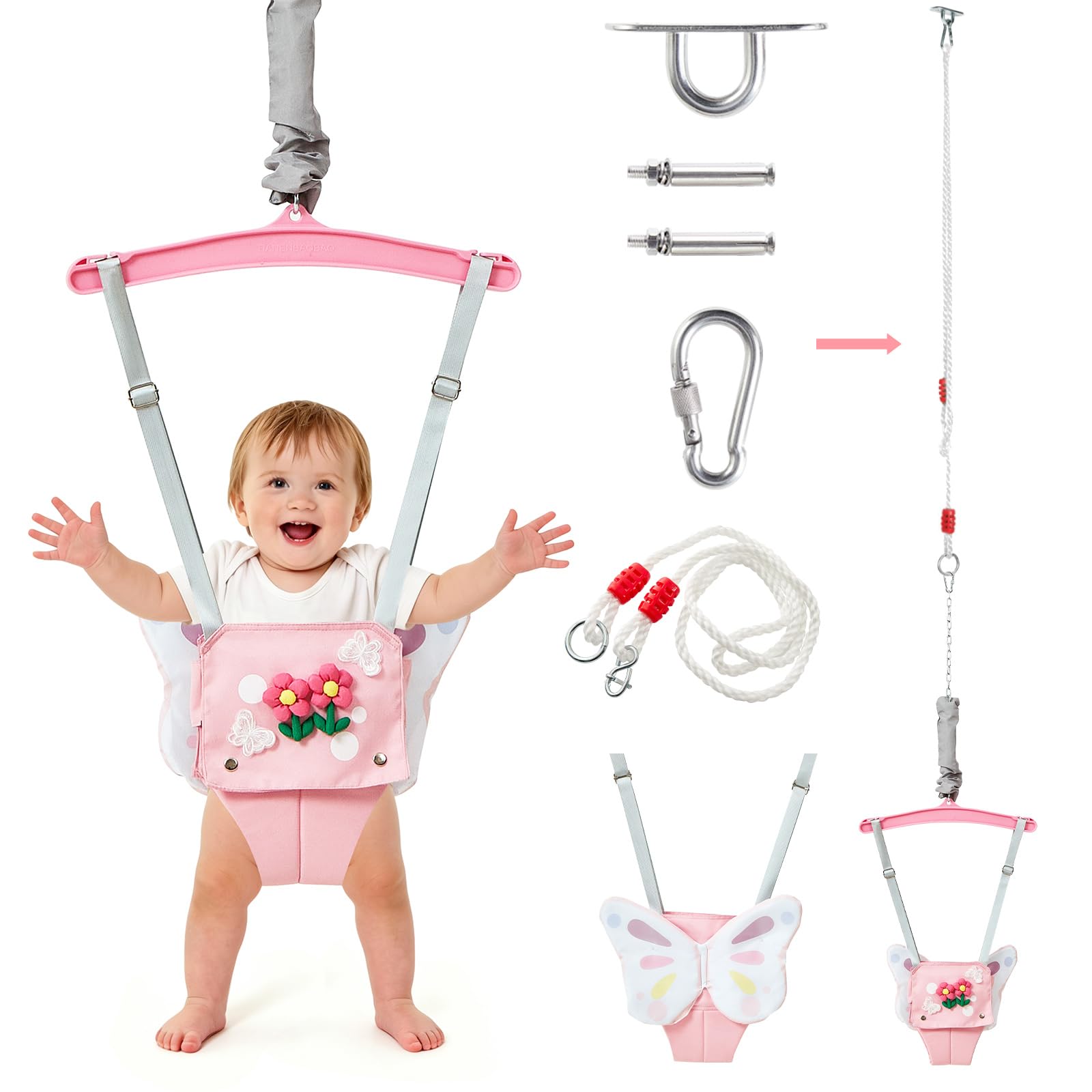 FUNLIO Baby Jumper with Ceiling Hook for 6-24 Months, Door Jump for Indoor and Outdoor with Adjustable Chain, Easy to Assemble and Store (with Ceiling Hook) - Pink Butterfly