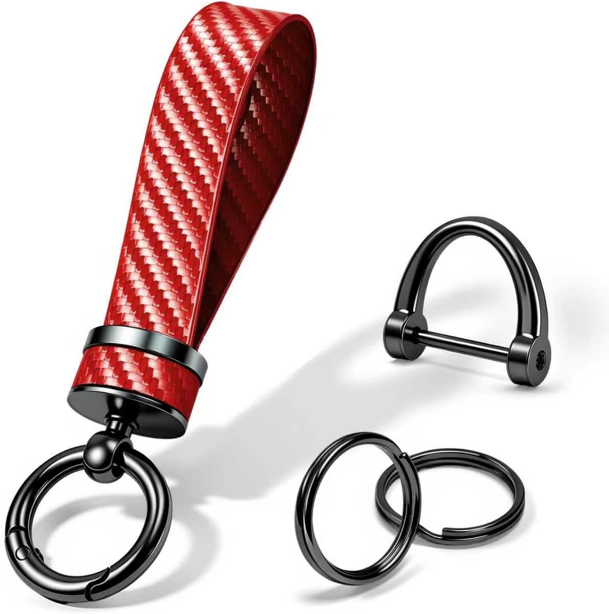 Turcee Carbon Fiber Keychain, Interior Accessories Leather Key Fob, Car Accessories Key Ring & Anti-Lost D-Ring (Red)