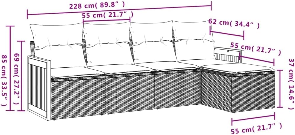 vidaXL Patio Sofa Set with Cushions - PE Rattan, Black/Blue, 5 Piece, Modular Outdoor Furniture for Terrace, Garden, Patio - Storage Space, Water- Bags, Removable Covers