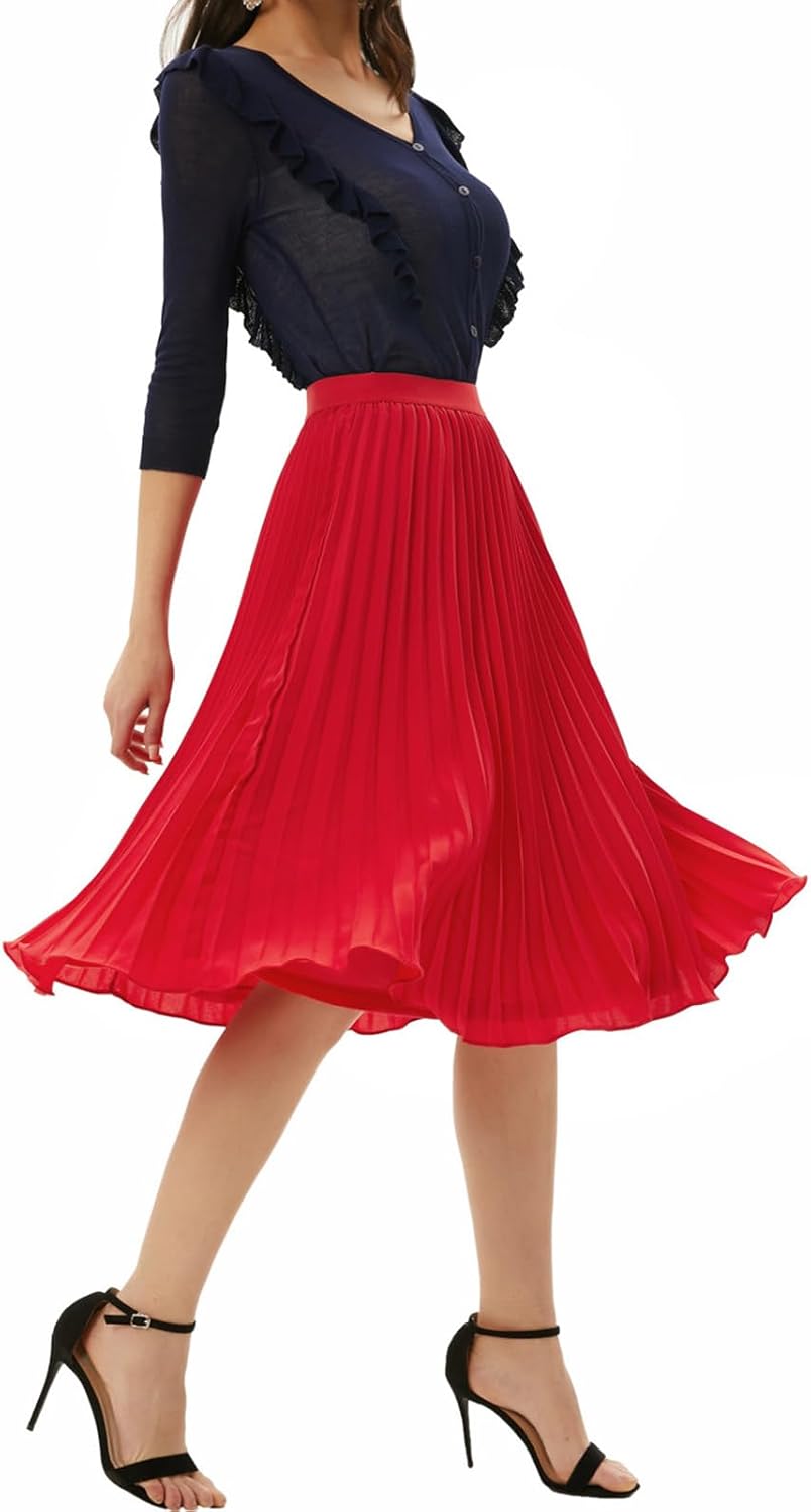 GRACE KARIN Pleated Midi Skirt for Women,Chiffon Elastic High Waist Knee Length Skirts,Swing Flare A-Line Outfits