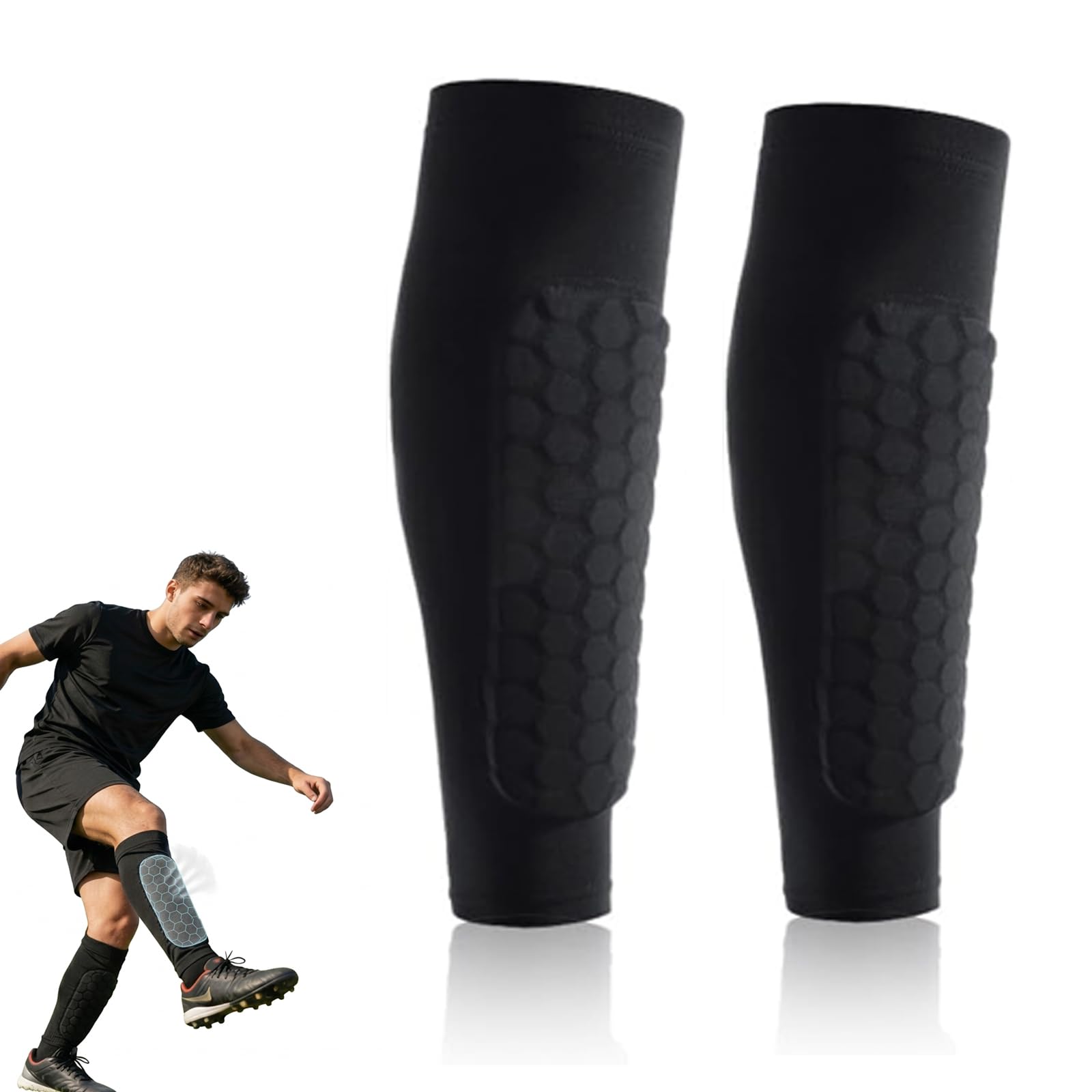 Football Shin Pads, Shin Guards Sleeves with Honeycomb Protection, Non Slip Compression Shin Pad Sleeves for Kids & Adults, Breathable Ski Shin Protector for Soccer & Sports, 1 Pair (L)