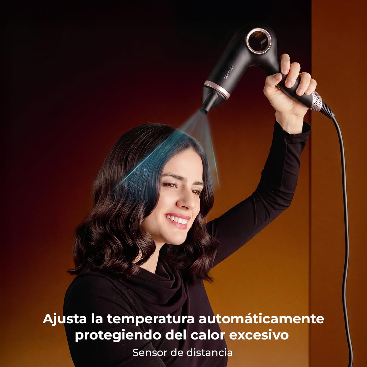 Cecotec Secador de Pelo Iones - 6 Accesorios - DryGlam Waves 6in1 Sensor Black. 1400W, 110000rpm, Tecnología de Sensor de Distancia, Triple Protección Calor, Memoria, 3 Velocidades y 5 Temperaturas