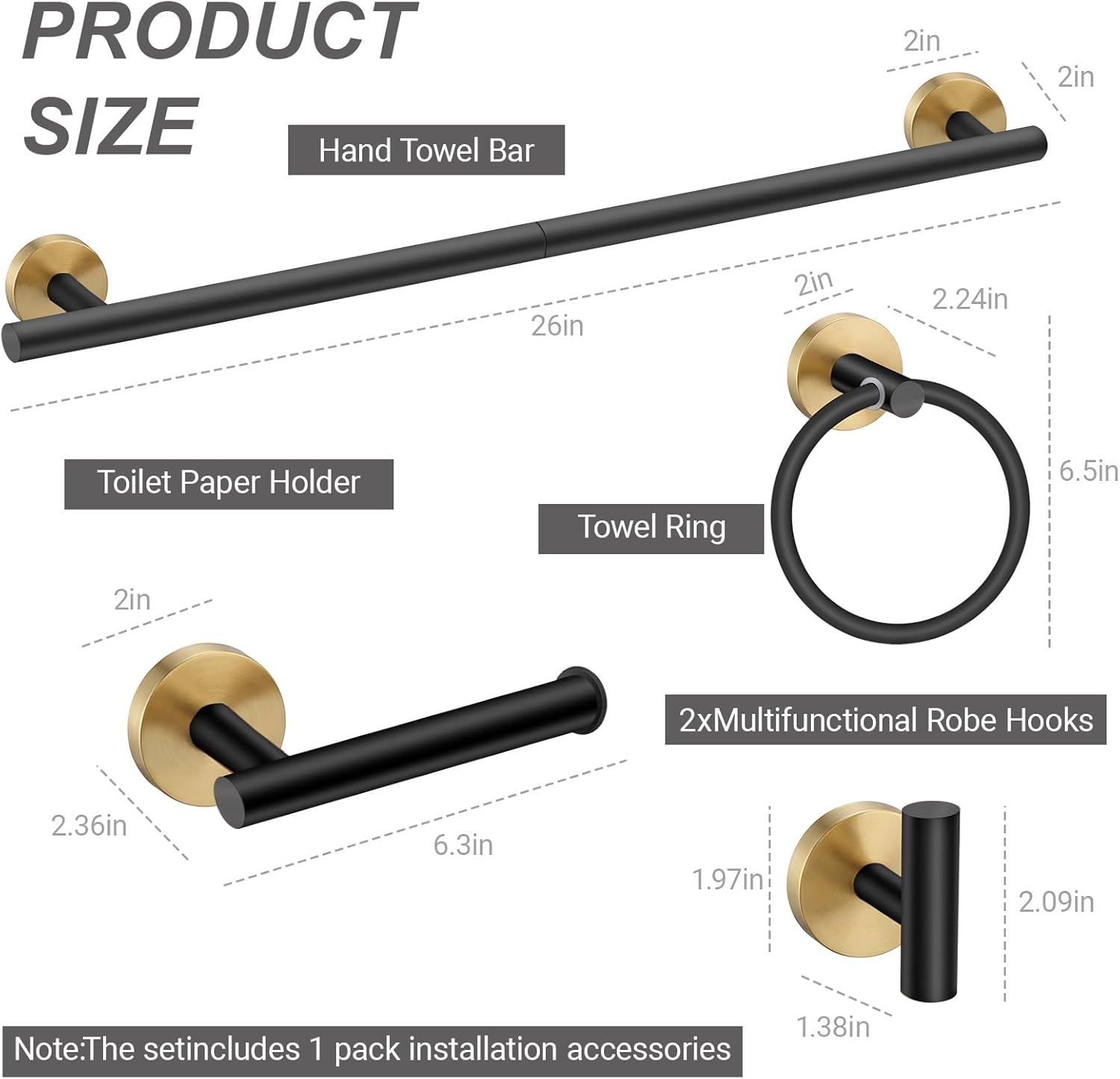 24 Inch Usable Towel Bar, 5-Piece Matte Black and Gold Bathroom Accessories, SUS304 Stainless Steel Towel Ring Holder, Toilet Paper Holder with 2 Hooks, Wall Mounted Modern Bathroom Hardware Set