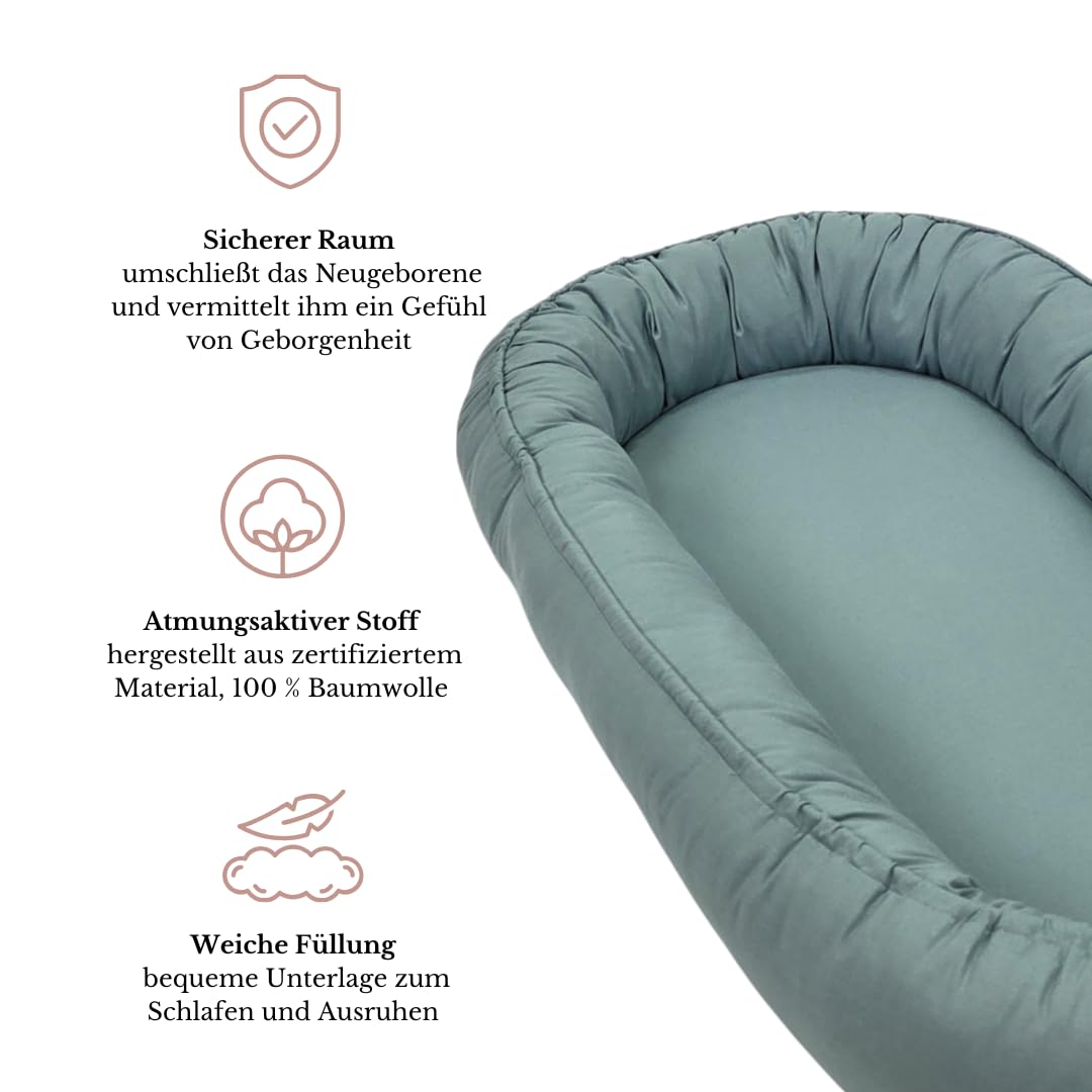 zestaw dla noworodków – gniazdo dla niemowląt 85 x 45 cm w kolorze khaki – przenośne gniazdo dla niemowląt z materacem – nadające się do prania, ze 100% bawełny – bezpieczne do domu i
