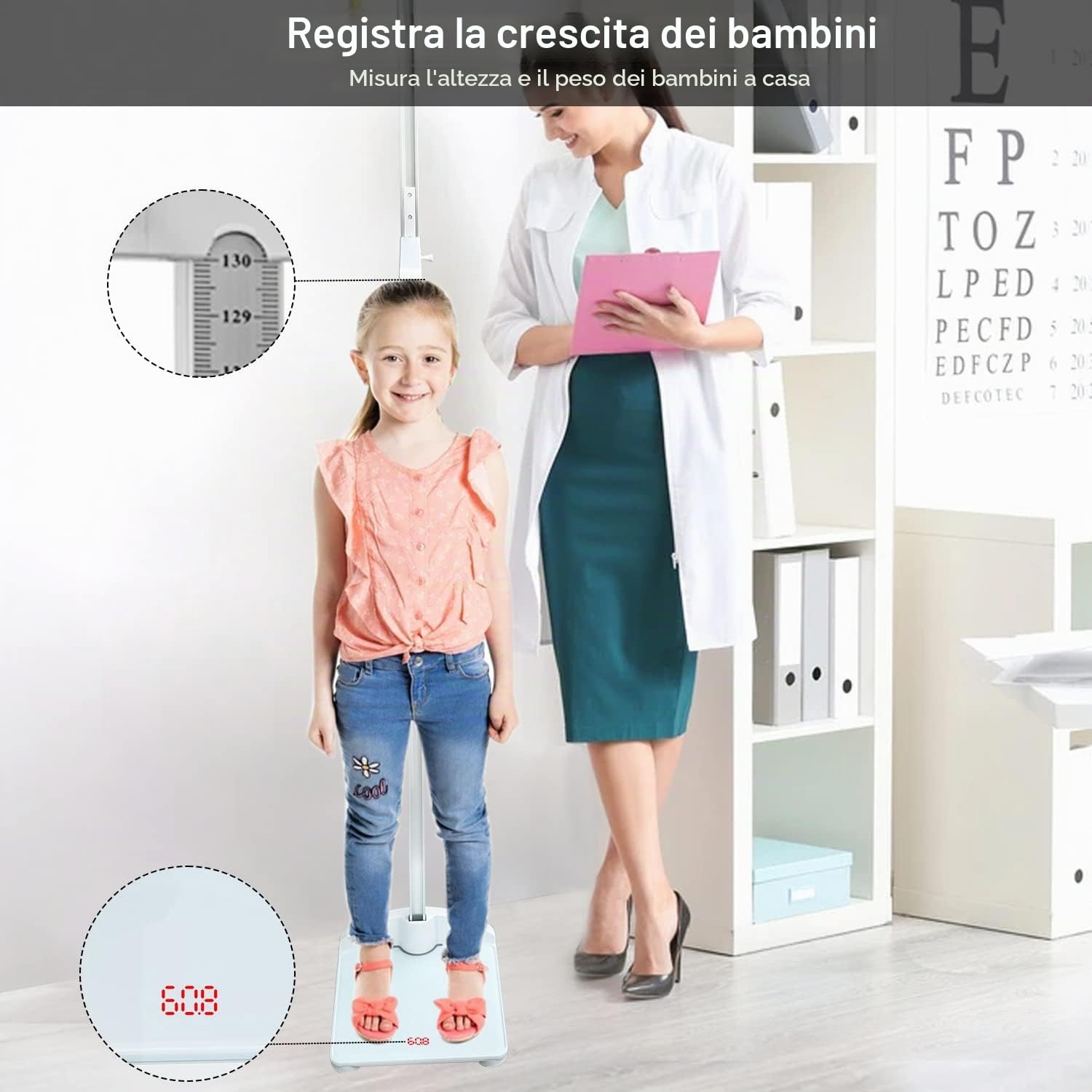 Bilancia di altezza e peso, piattaforma digitale combinata con telemetro portatile staccabile, peso massimo 99,8 kg, altezza asta 191 cm, bilancia medica per bambini e adulti
