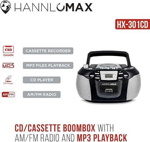 Miniatura 5 de HANNLOMAX HX-301CD CDMP3 Boombox, radio AMFM, grabadora de cassette, grabaciones de CD o radio, conector para auriculares, pantalla LCD, fuente de