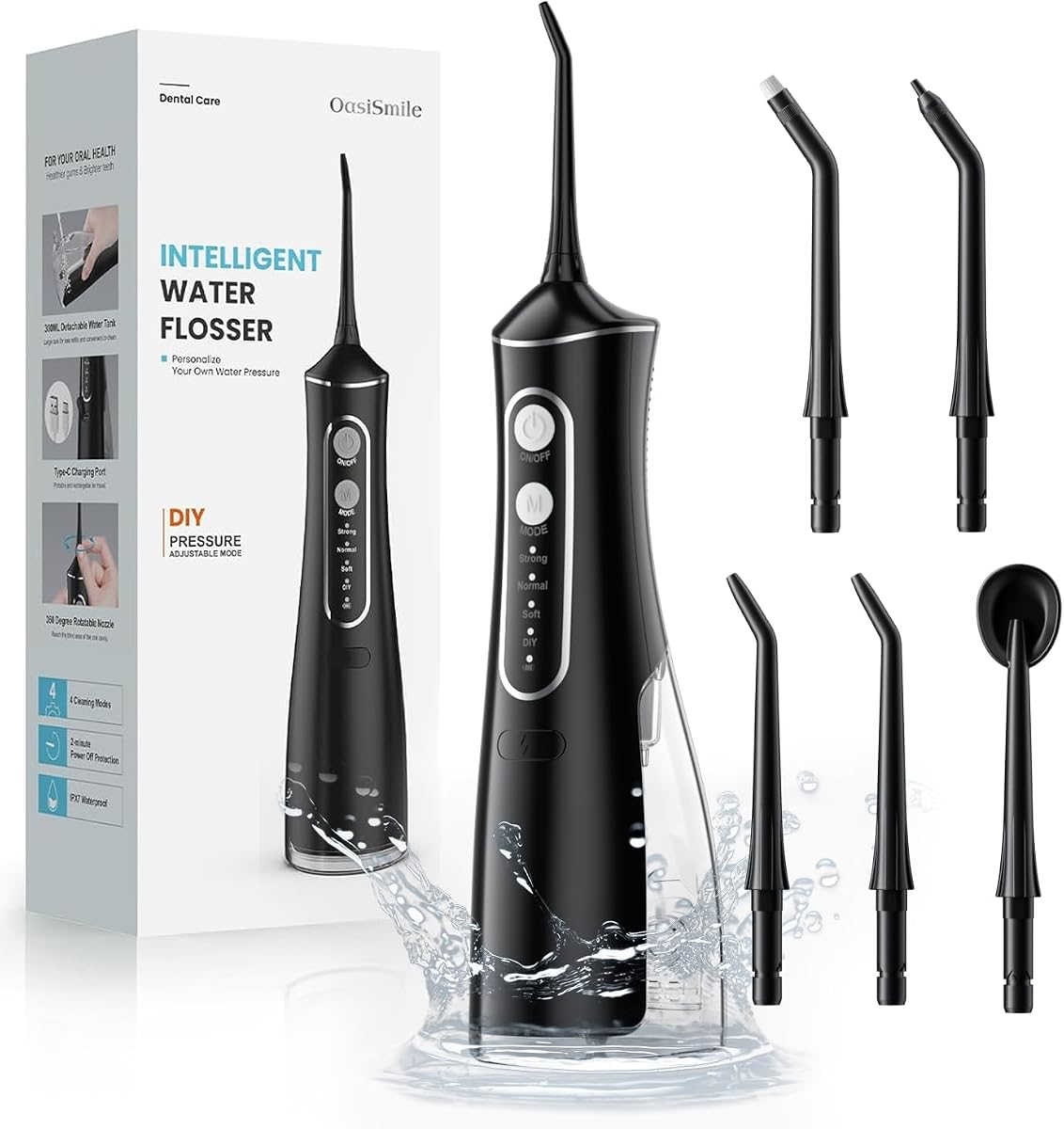 Hilo dental inalámbrico para dientes: irrigador bucal inalámbrico de 300 ml con presión de bricolaje para aparatos ortopédicos y familia, 4 modos y 5 puntas de chorro, batería de 30 días, hilo dental impermeable IPX7 para viajes diarios de cuidado bucal