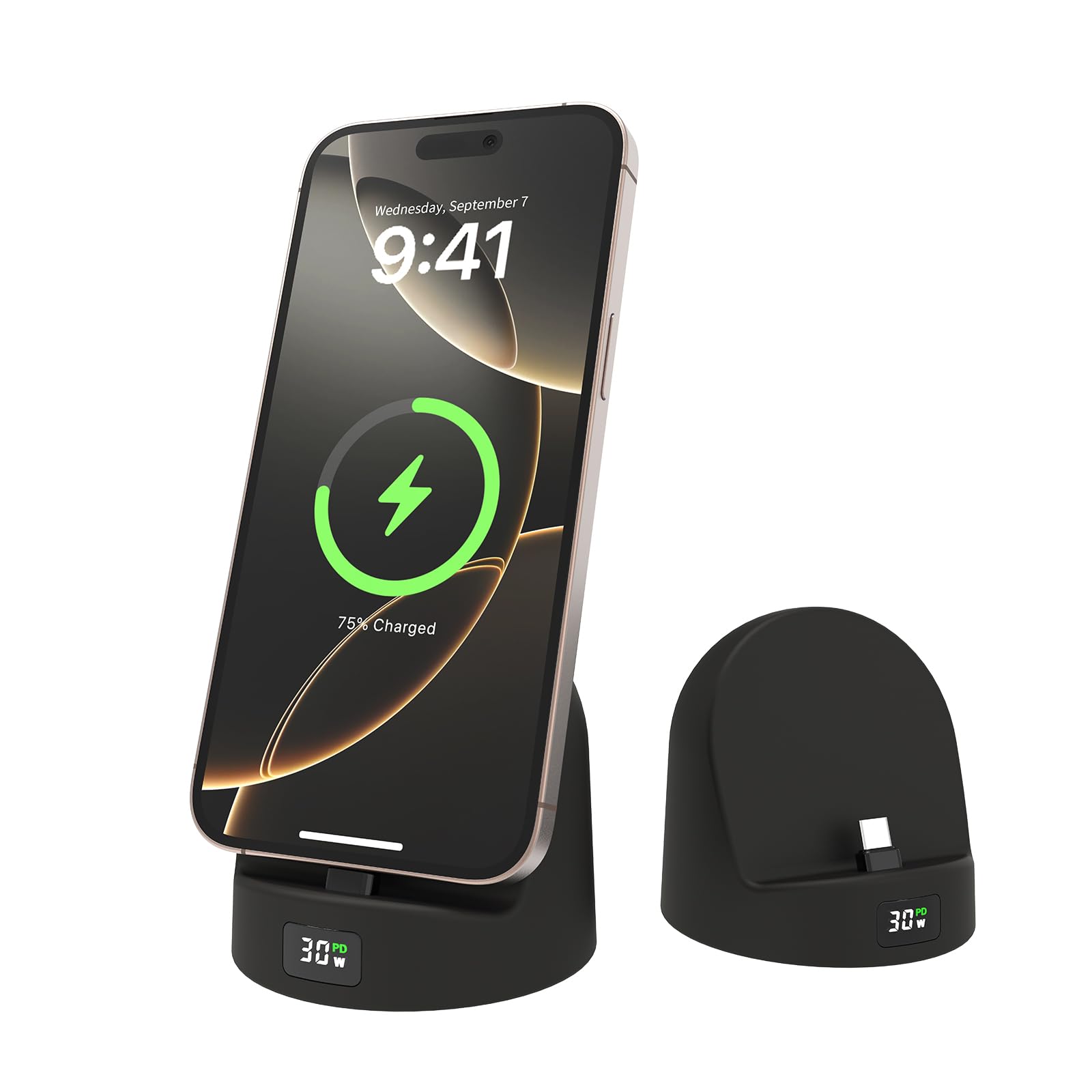 Fast Charging Station for Samsung/iPhone15/16/Android,Charging Dock with LED Power Display,Charging Stand with USB-C,Charging Holder for Nightstand Black Silicone