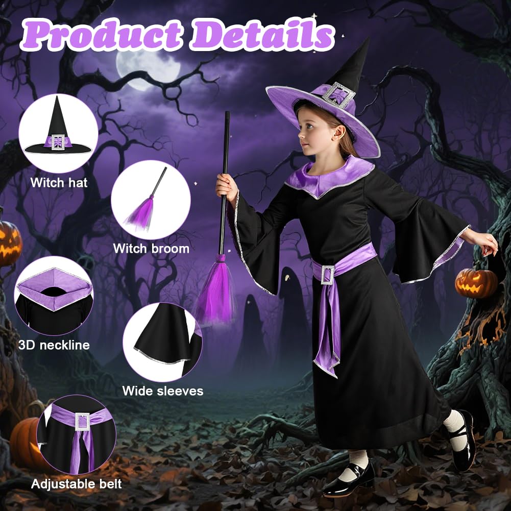 BSBUY Kid Witch Costume Halloween Witch Dress Up Witch Fancy Dress Girl Witch Princess Dress Witch Outfit Costume with Hat Broom Tattoo Sticker Adjustable Belt for Wizards World Book Day Carnival(M) - Image 3