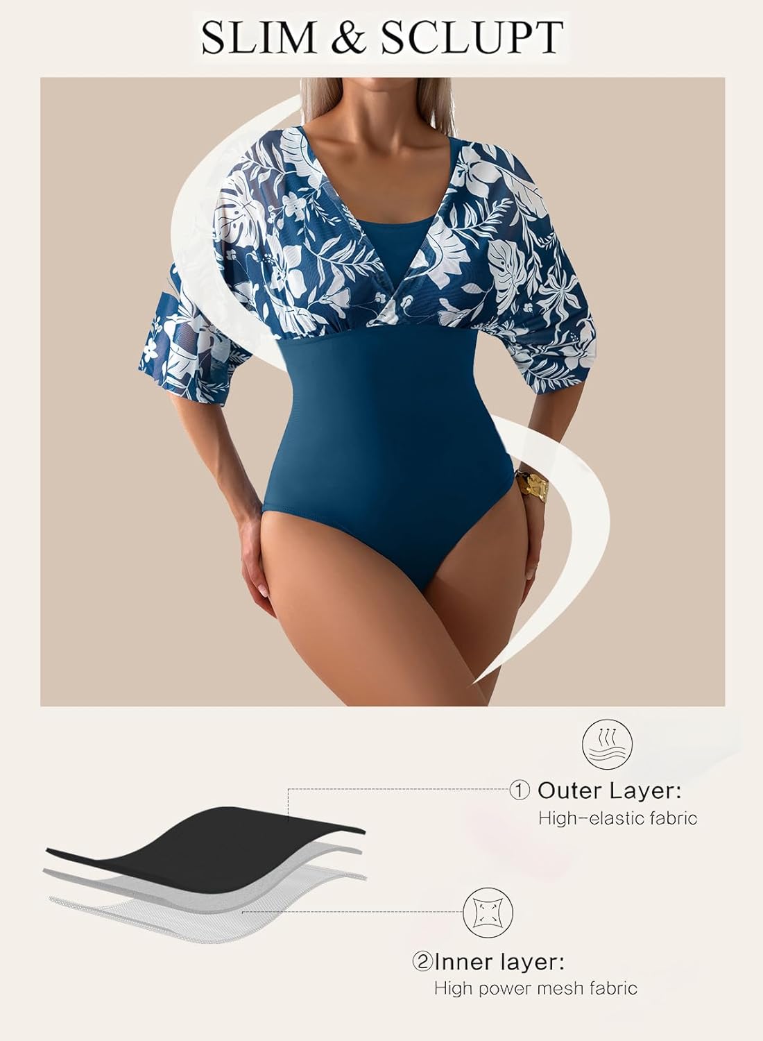 Aleumdr Women's One Piece Swimsuit Modest Tummy Control Bathing Suit V Neck Mesh Sleeve Slimming Swimwear Beachwear - Image 5