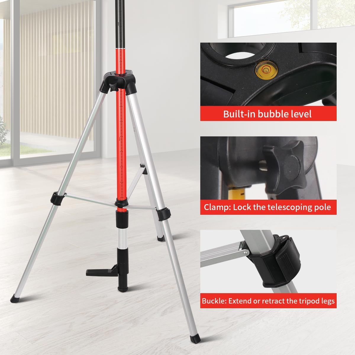 Barra di livellamento laser telescopica con treppiede estensibile fino a 4,2 m con supporto laser da 1/4" x 20", con dado adattatore 5/8"-11, rosso