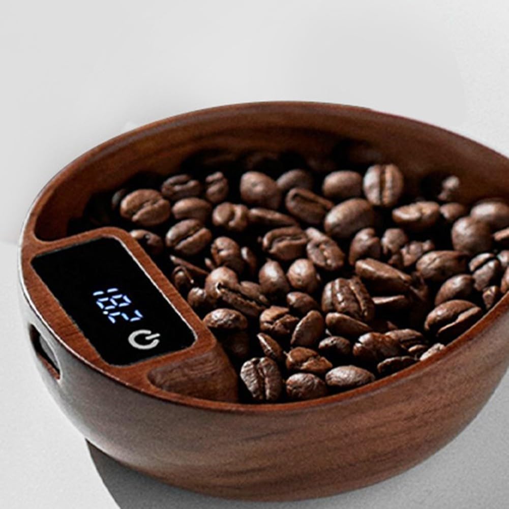 Balance à expresso numérique avec finition en noyer, précision 0,1 g, minuterie USB C rechargeable pour café goutte à goutte, cuisine, cuisine, pâtisserie, 11,6 x 10,2 cm