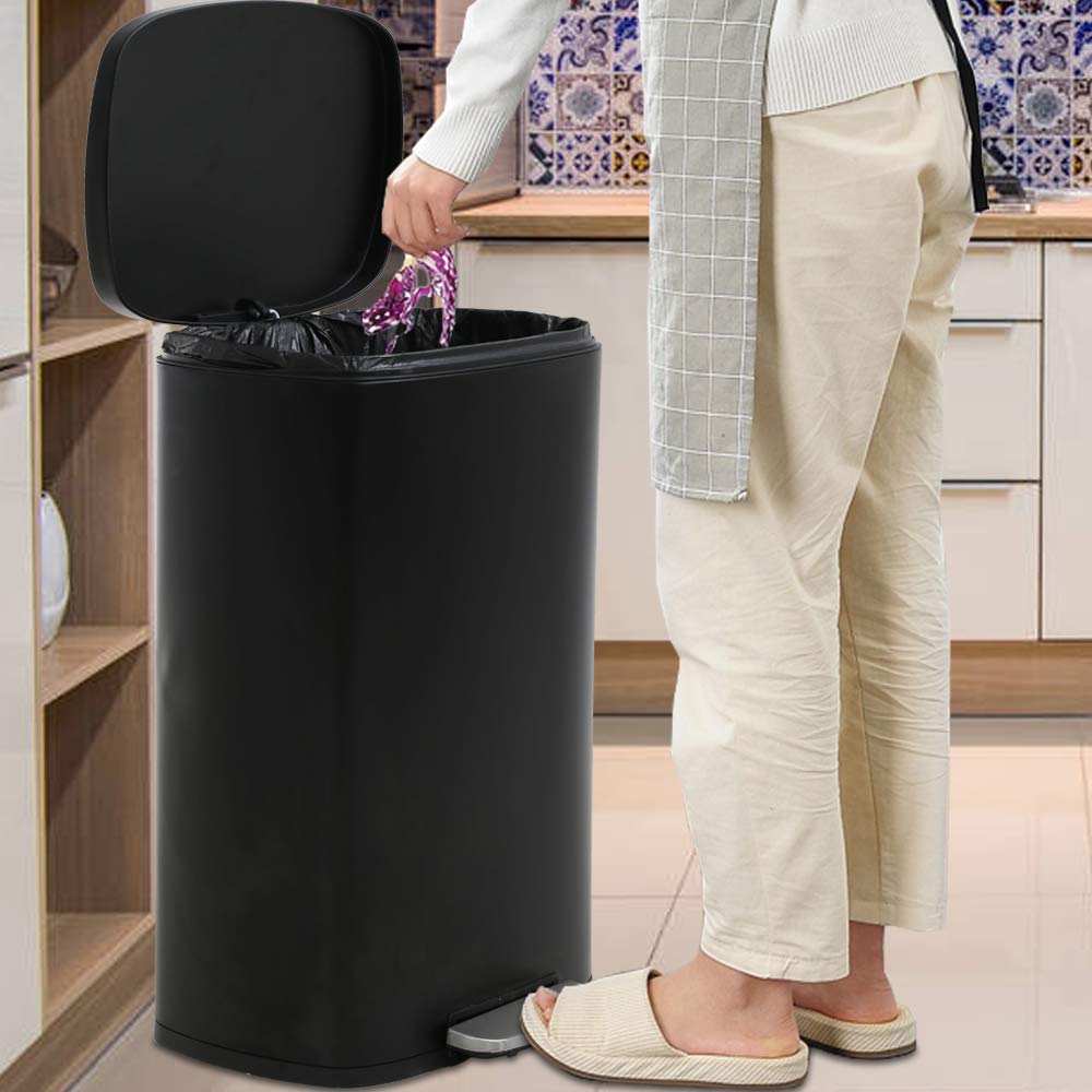 13 Gallon Step Trash Can with Soft-Close Lid - Stainless Steel Pedal Kitchen Garbage Bin Odor-Resistant Removable Bucket
