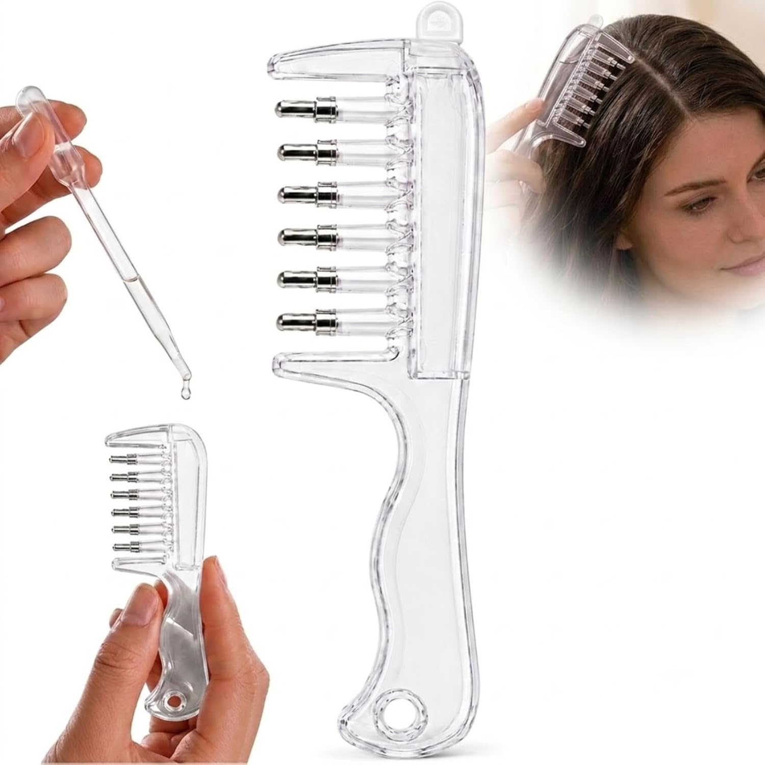 Scalp Oil Applicator Comb, 6 Roller Ball Tips, Refillable, Clear, 6.3 in