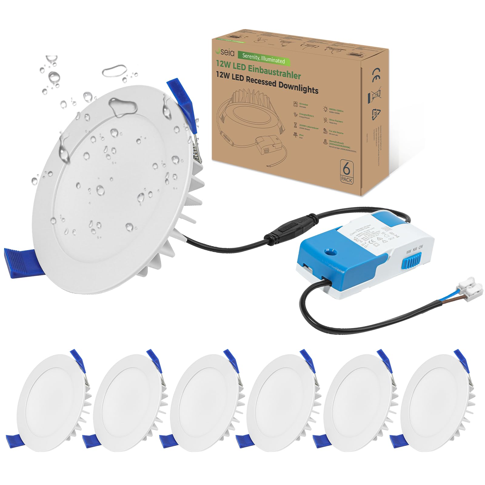 Oseia LED Einbaustrahler 230V, 12W 1200lm, Ultra Flach, IP44, Dimmbar, 3 Farbtemperaturen (3000K/4000K/6000K), Einbauspots Decke für Bad & Küche, 6er Set
