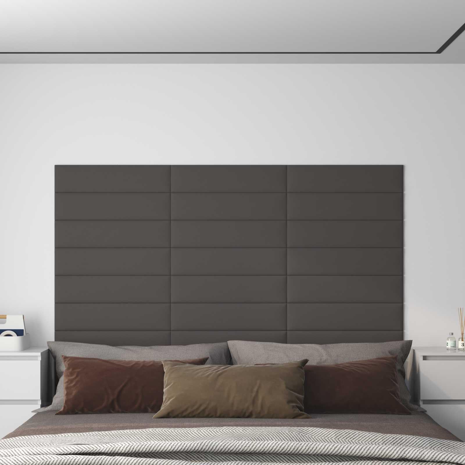 Juego de 12 cabezales de pared de tela gris oscuro de 60 x 15 cm, revestimiento de pared para dormitorio interior, panel acústico, renovación, decoración, montaje
