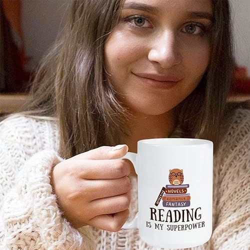 Miniatura 7 de Book Lover - Taza de café de 15 onzas, color blanco, lectura es mi superpotencia, lector de búho de lectura, apilamiento de libros, amante de los