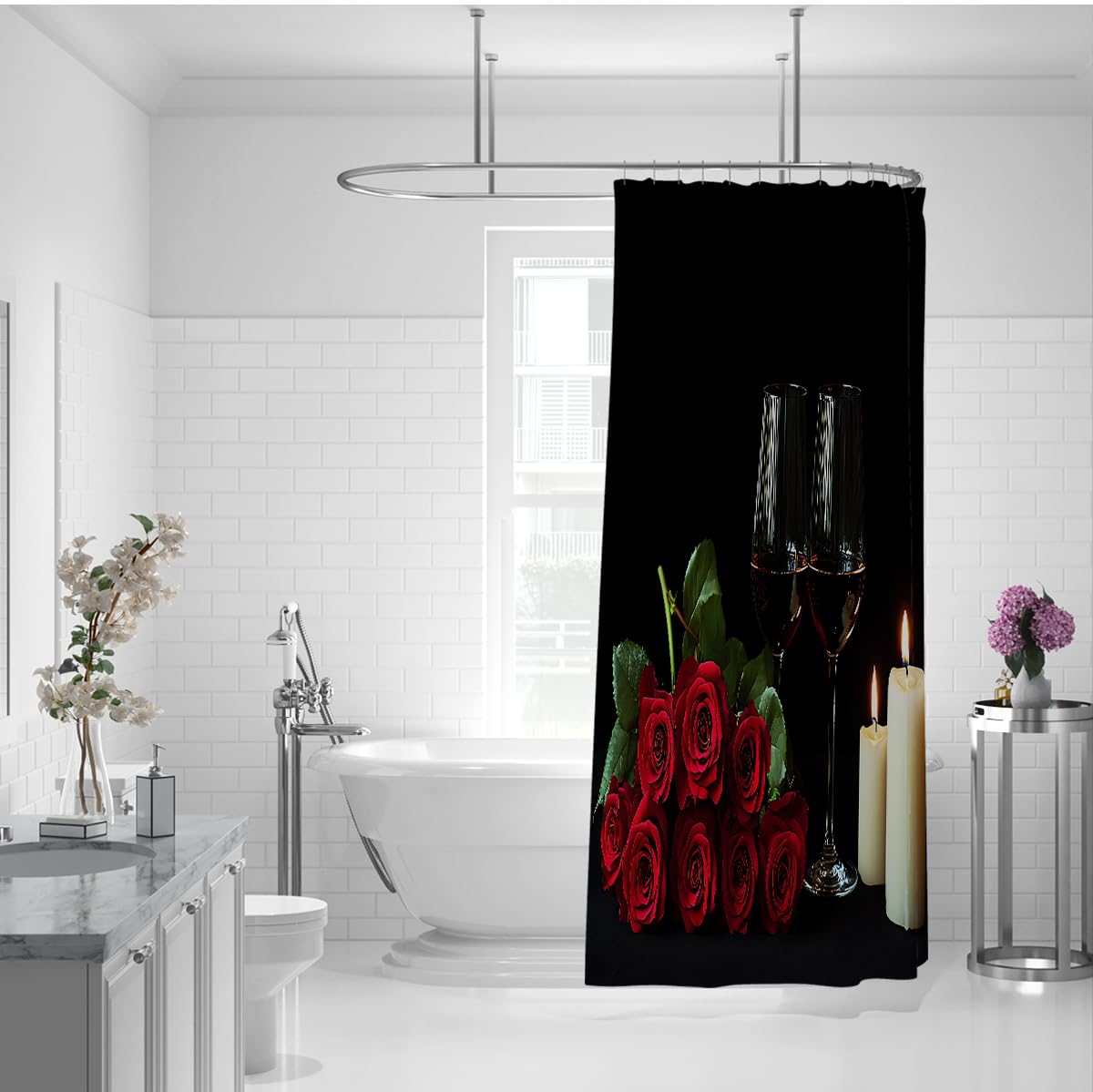 Eleganter Duschvorhang mit schwarzem Hintergrund, romantische rote Rosen, brennende Kerzen und Weingläser, Duschvorhang, luxuriöse Badezimmerdekoration wasserdicht 180 x 200 cm
